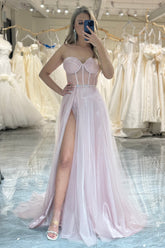 Light Pink Prom Dress A Line Long Corset Evening Dress With Slit