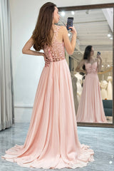 Light Pink Prom Dress Backless Long Corset Evening Dress With Appliques