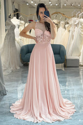 Light Pink Prom Dress Backless Long Corset Evening Dress With Appliques