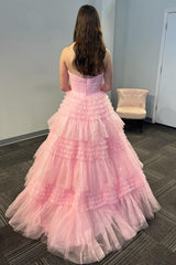 Light Pink Prom Dress Tiered A-Line One Shoulder Long Formal Dress