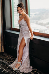 Light Pink Prom Dress V-Neck Mermaid Slit Formal Dress