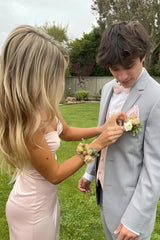 Light Pink Satin Spaghetti Strap Ruched Bust Prom Dress With High Leg Slit Formal Evening Gown