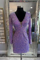 Light Purple Homecoming Dress Sequin Tight Short Prom Dress With Long Sleeves