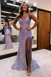 Light Purple Lace-Up Back Sequin Long Prom Dress with Fringes