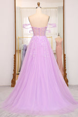 Light Purple Prom Dress A Line Off the Shoulder Long Corset Evening Dress With Slit
