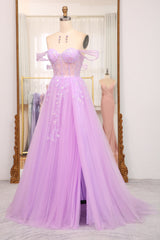 Light Purple Prom Dress A Line Off the Shoulder Long Corset Evening Dress With Slit