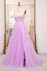 Light Purple Prom Dress A Line Off the Shoulder Long Corset Evening Dress With Slit