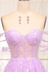 Light Purple Prom Dress A Line Off the Shoulder Long Corset Evening Dress With Slit