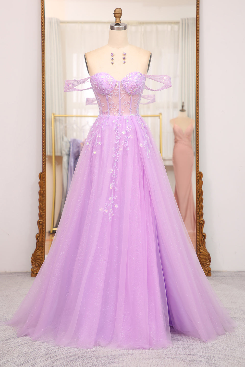 Light Purple Prom Dress A Line Off the Shoulder Long Corset Evening Dress With Slit