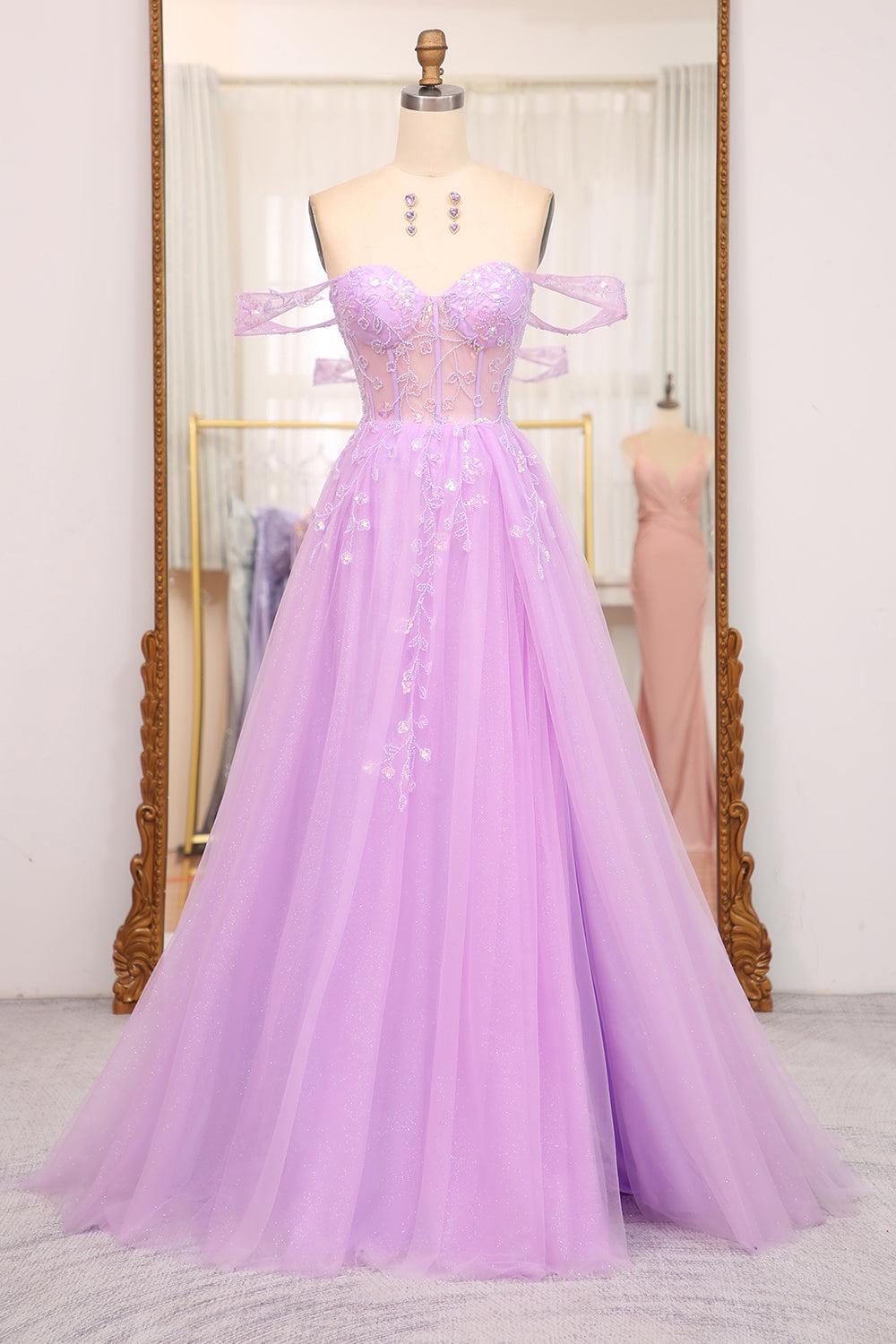 Light Purple Prom Dress A Line Off the Shoulder Long Corset Evening Dress With Slit