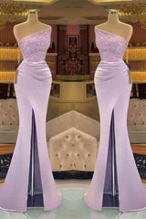 Light Purple Sequins Mermaid Evening Dress with Strapless Sleeveless Design and Slit
