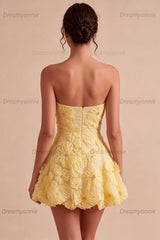 Light Yellow Beaded Floral A Line Short Homecoming Dress