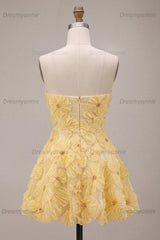 Light Yellow Beaded Floral A Line Short Homecoming Dress