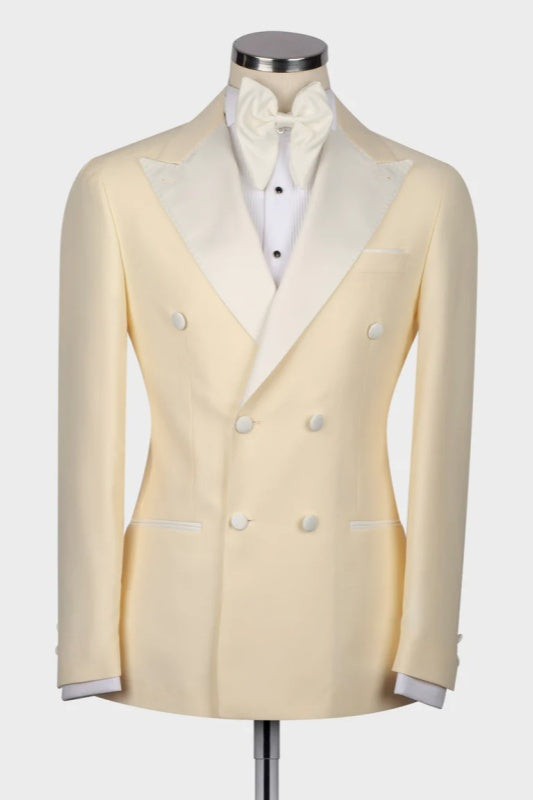 Light Yellow Double Breasted Peaked Lapel Wedding Suit