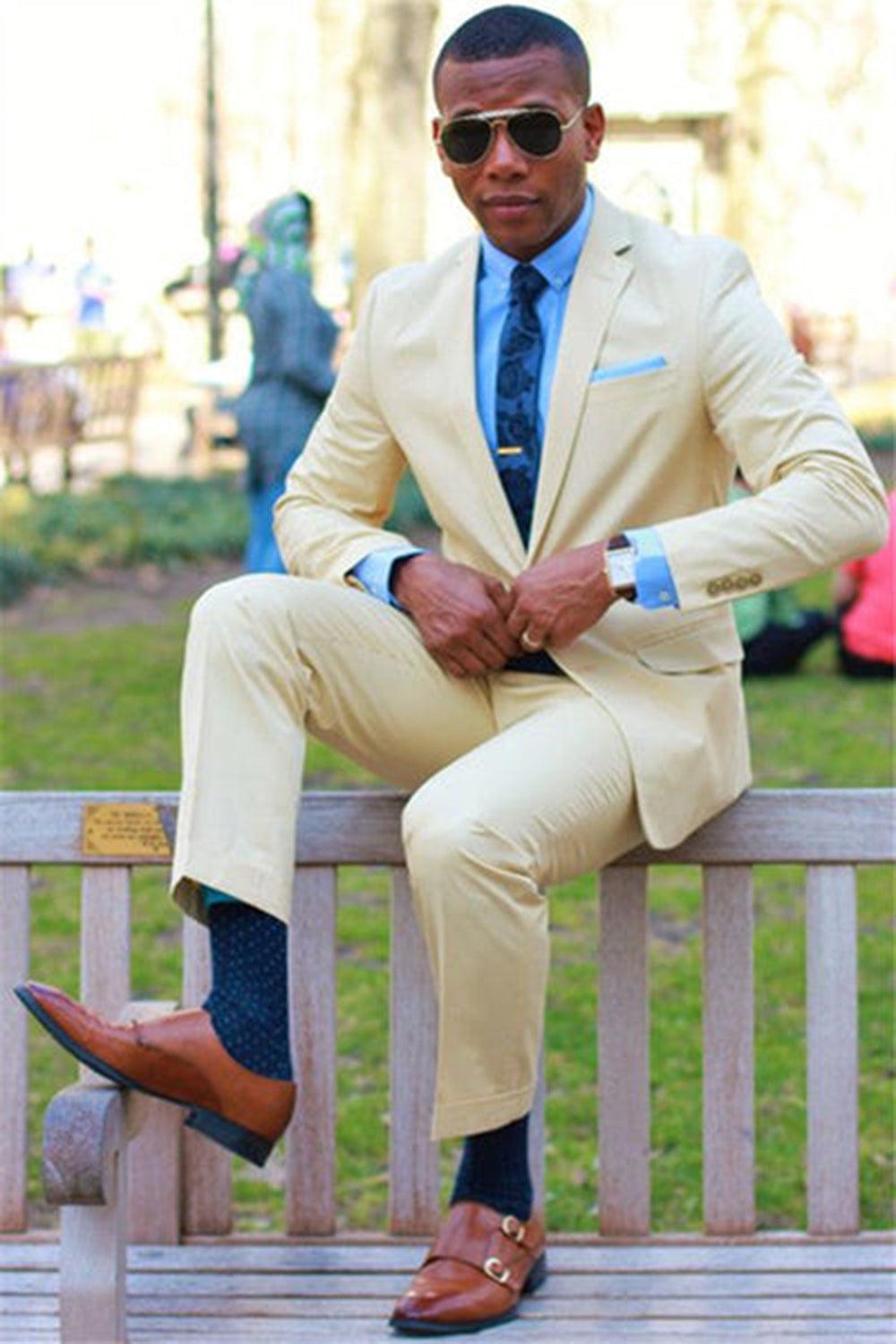 Light Yellow Notched Lapel 2 Piece Men's Prom Suit Blazer Pants