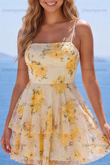 Light Yellow Floral Ruffled A-Line Short Homecoming Dress with Pearl Details