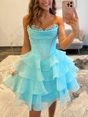 Strapless Ruffle Tiered Short Homecoming Dress with Crystal