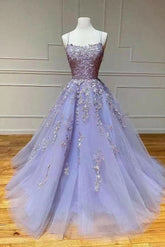 Lilac A Line Evening Dress with Appliques and Tulle