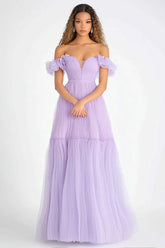 Lilac A Line Off The Shoulder Tulle Long Formal Dress