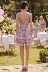 Lilac Floral V-Neck A-Line Corset Short Homecoming Dress with Ruffles
