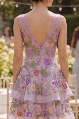 Lilac Floral V-Neck A-Line Corset Short Homecoming Dress with Ruffles
