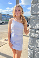 Lilac Homecoming Dress Beaded One Shoulder Sequin Tight Prom Dress