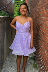 Lilac Homecoming Dress Sequin Prom Dress with Criss Cross Back