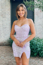 Lilac Homecoming Dress Sequined Tight Short Cocktail Dresses with 3D Flowers