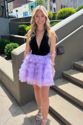 Lilac Homecoming Dress V-Neck A-Line Halter Tiered Short Prom Dress With Bow