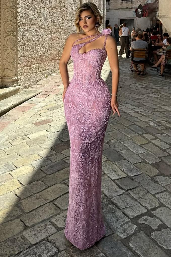 Lilac lace applique mermaid prom dress with one-shoulder cutout strap and beaded bodice, full front view