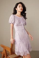 Lilac Lace Short Sleeve Casual Summer Holiday Dress
