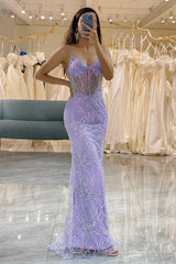 Lilac Long Corset Appliqued Mermaid Prom Dress