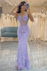 Lilac Long Corset Appliqued Mermaid Prom Dress