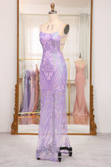 Lilac Mermaid Prom Dress Spaghetti Straps Backless Long Evening Dress With Embroidery