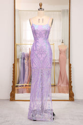 Lilac Mermaid Prom Dress Spaghetti Straps Backless Long Evening Dress With Embroidery