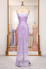 Lilac Mermaid Prom Dress Spaghetti Straps Backless Long Evening Dress With Embroidery