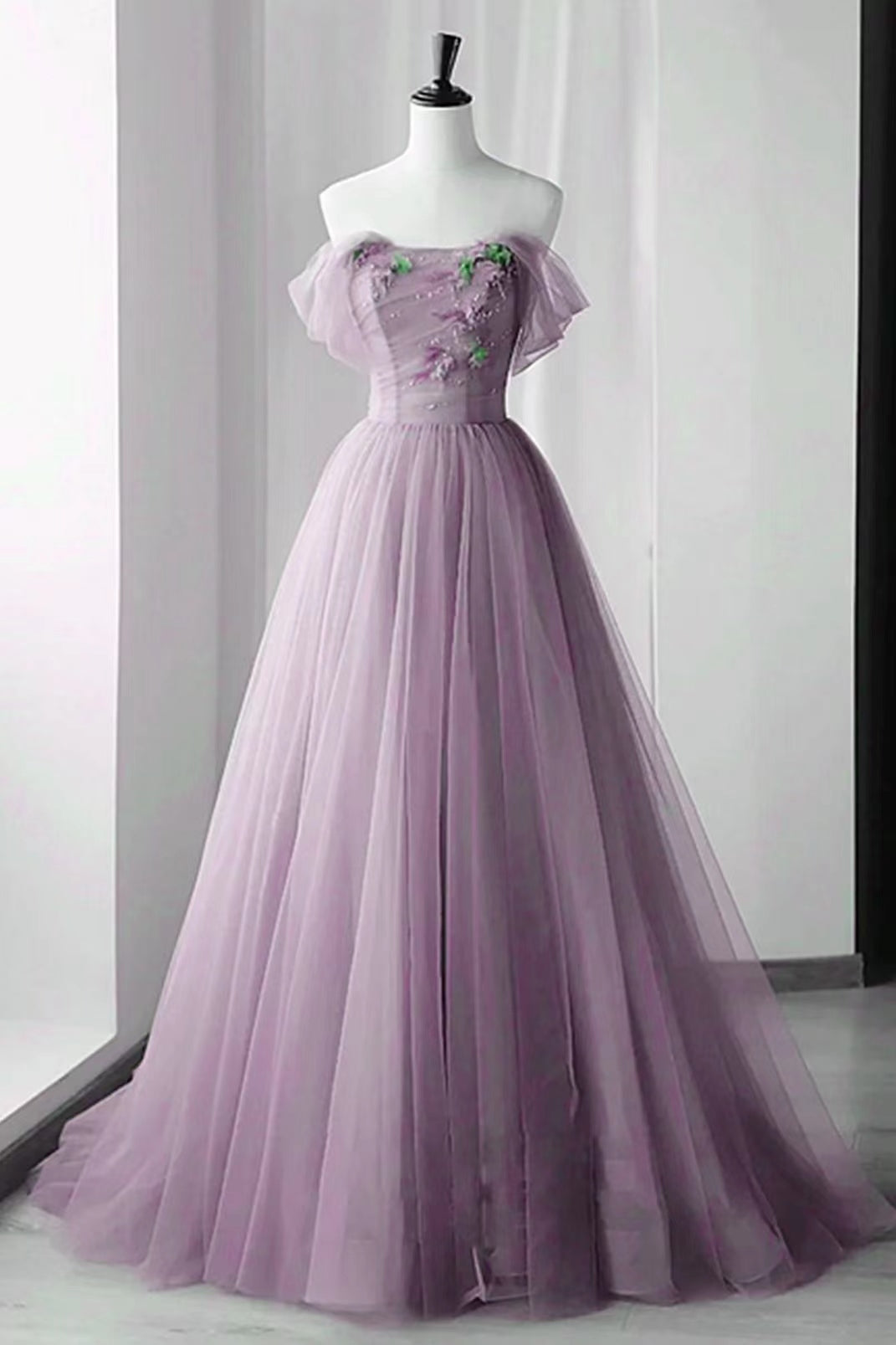 Lilac Off The Shoulder Evening Dress with Beadings and Appliques