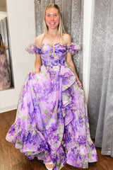 Lilac Prom Dress A Line Corset Detachable Sweetheart Floral Long Evening Dress with Ruffles