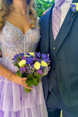 Lilac Prom Dress A Line Corset Long Tulle Ruffled Evening Dress with Lace