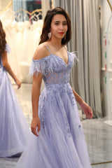 Lilac Prom Dress A Line Long Corset Evening Dress With Appliques