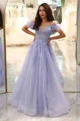 Lilac Prom Dress A Line Long Corset Evening Dress With Appliques