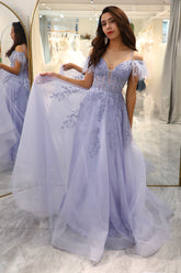 Lilac Prom Dress A Line Long Corset Evening Dress With Appliques