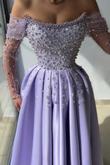 Lilac Prom Dress A Line Off The Shoulder Rhinestones Satin Pearls Formal Dress