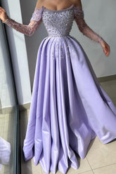 Lilac Prom Dress A Line Off The Shoulder Rhinestones Satin Pearls Formal Dress