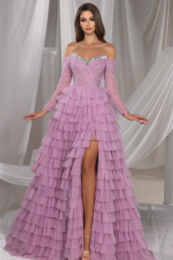 Lilac Prom Dress A Line Off The Shoulder Sequined Tulle Formal Dress With Slit