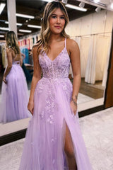 Lilac Prom Dress A Line Spaghetti Straps Lace Long Evening Dress with Slit