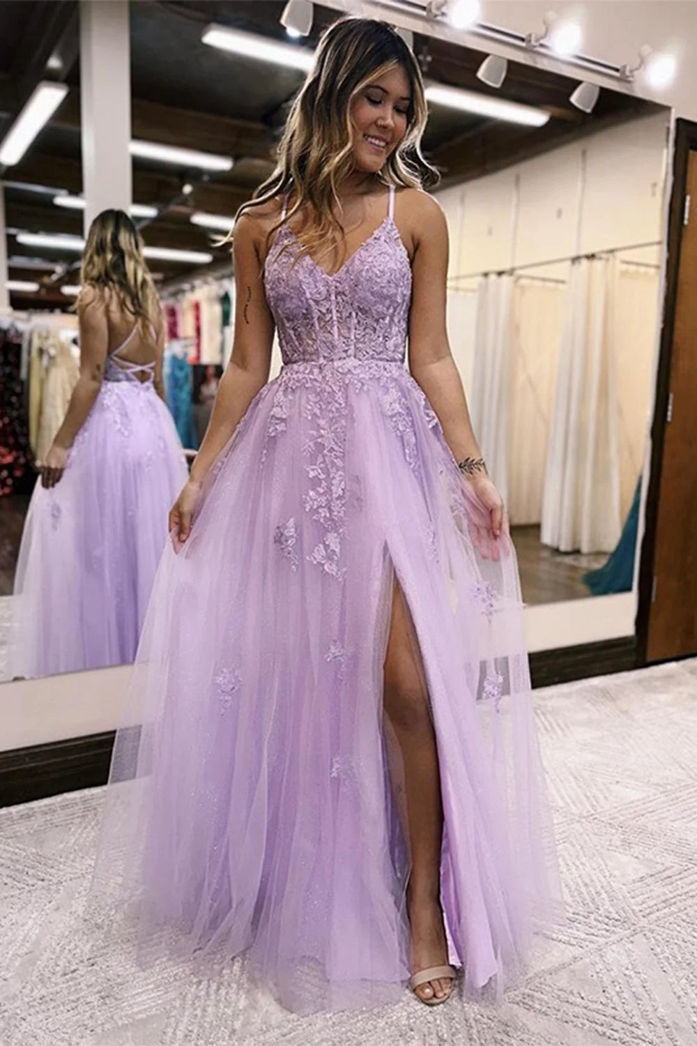 Lilac Prom Dress A Line Spaghetti Straps Lace Long Evening Dress with Slit