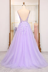 Lilac Prom Dress A Line Spaghetti Straps Long Beaded and Tulle Evening Dress with Appliques