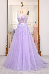 Lilac Prom Dress A Line Spaghetti Straps Long Beaded and Tulle Evening Dress with Appliques