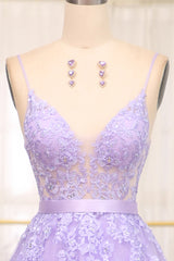 Lilac Prom Dress A Line Spaghetti Straps Long Beaded and Tulle Evening Dress with Appliques
